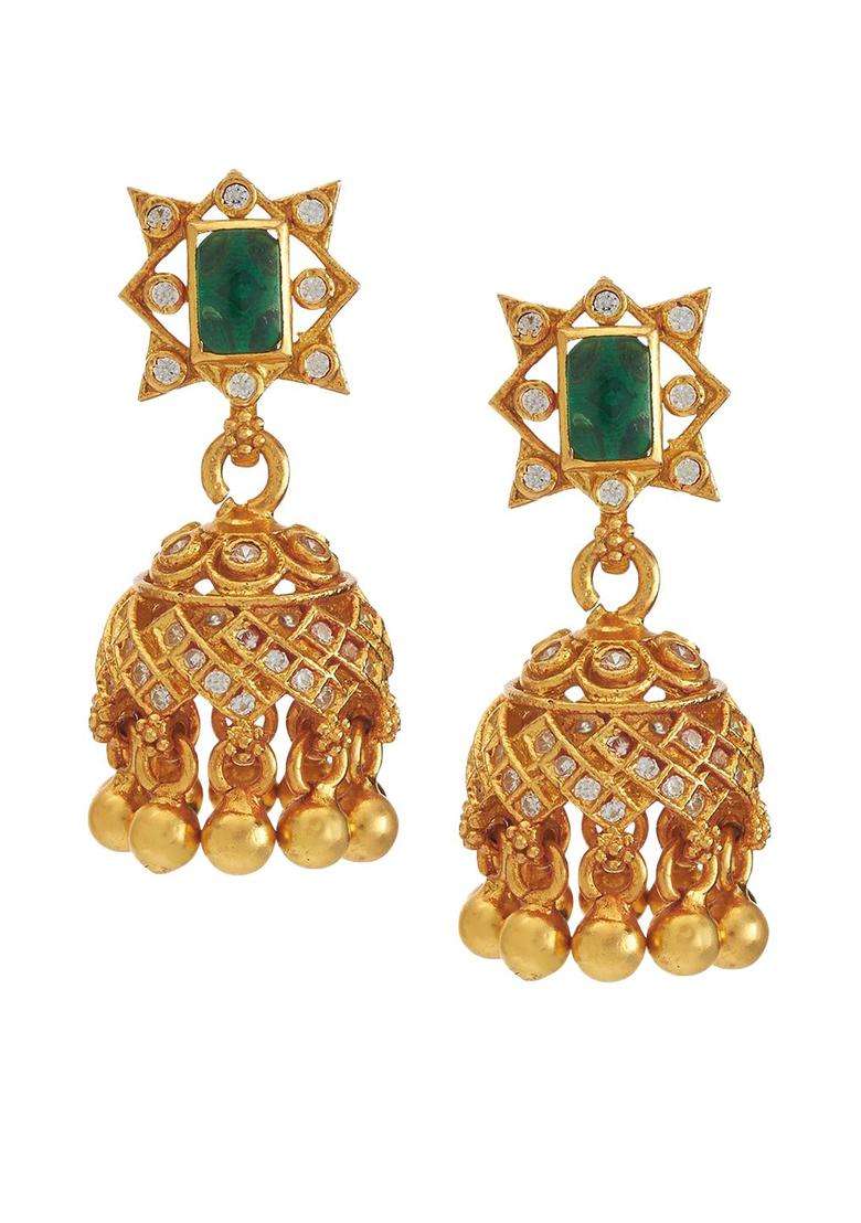 Gold-Plated Embellished Bridal 92.5 Pure Dome Shaped Zircon Temple Jhumkas for Women | Traditional Temple Jewellery for Wedding & Festive Wear | Gift for Her - Indya
