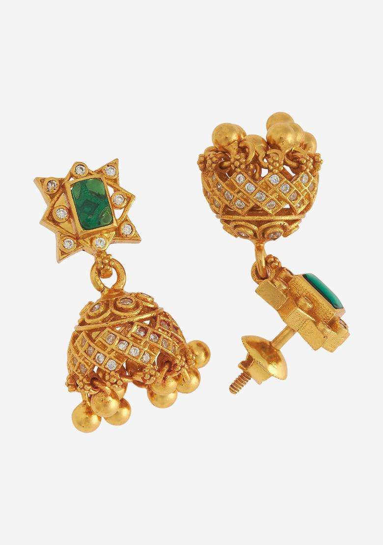 Gold-Plated Embellished Bridal 92.5 Pure Dome Shaped Zircon Temple Jhumkas for Women | Traditional Temple Jewellery for Wedding & Festive Wear | Gift for Her - Indya