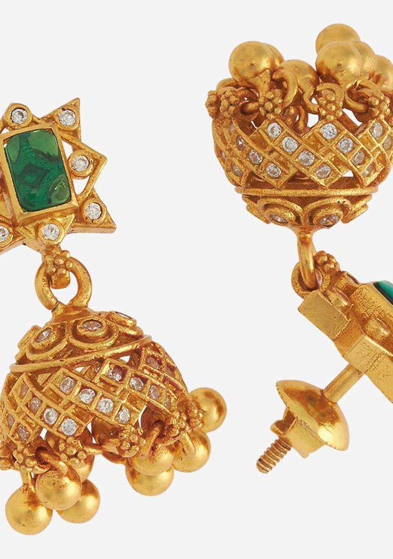 Gold-Plated Embellished Bridal 92.5 Pure Dome Shaped Zircon Temple Jhumkas for Women | Traditional Temple Jewellery for Wedding & Festive Wear | Gift for Her - Indya