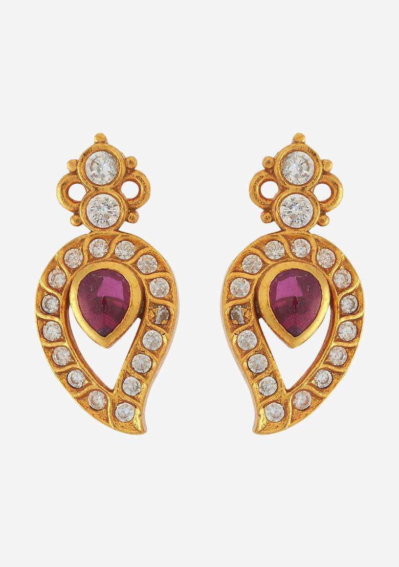 Gold-Plated Embellished Bridal 92.5 Pure Contemporary Zircon Temple Studs for Women | Traditional Temple Jewellery for Wedding & Festive Wear | Gift for Her - Indya