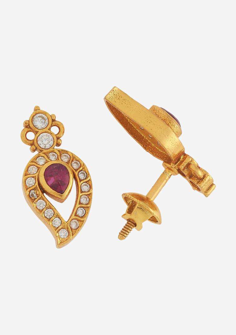 Gold-Plated Embellished Bridal 92.5 Pure Contemporary Zircon Temple Studs for Women | Traditional Temple Jewellery for Wedding & Festive Wear | Gift for Her - Indya