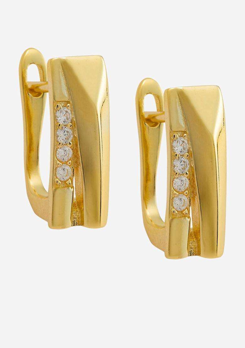 White 92.5 Sterling Silver Gold-Plated Zircon Spherical Hoop Earrings for Women | Stylish Party & Everyday Wear | Gift for Her - Indya