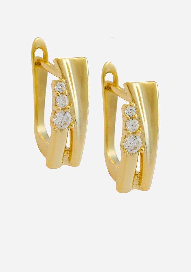White 92.5 Sterling Silver Gold-Plated Zircon Spherical Hoop Earrings for Women | Stylish Party & Everyday Wear | Gift for Her - Indya