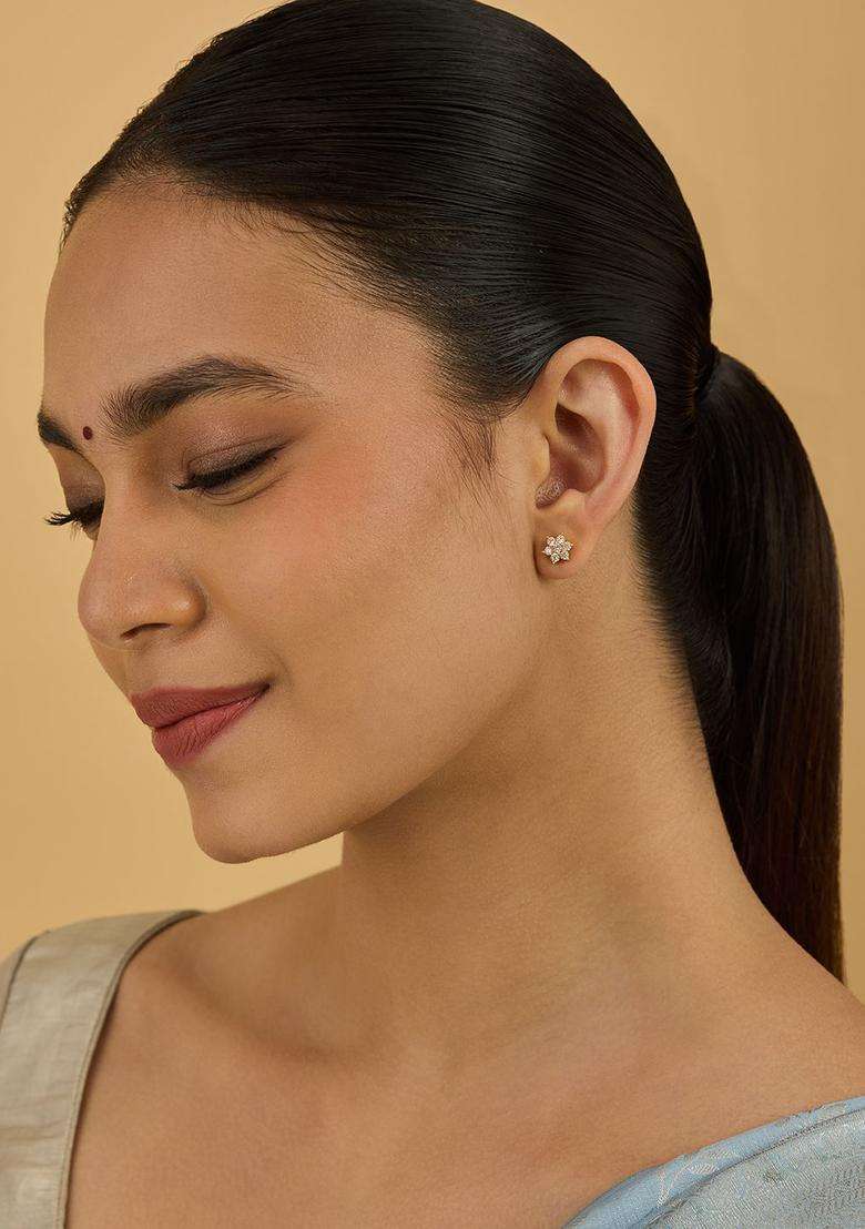 92.5 Sterling Silver Gold-Plated Contemporary Studs with Zircon for Women | Traditional Temple Jewellery for Wedding & Festive Wear | Gift for Her - Indya
