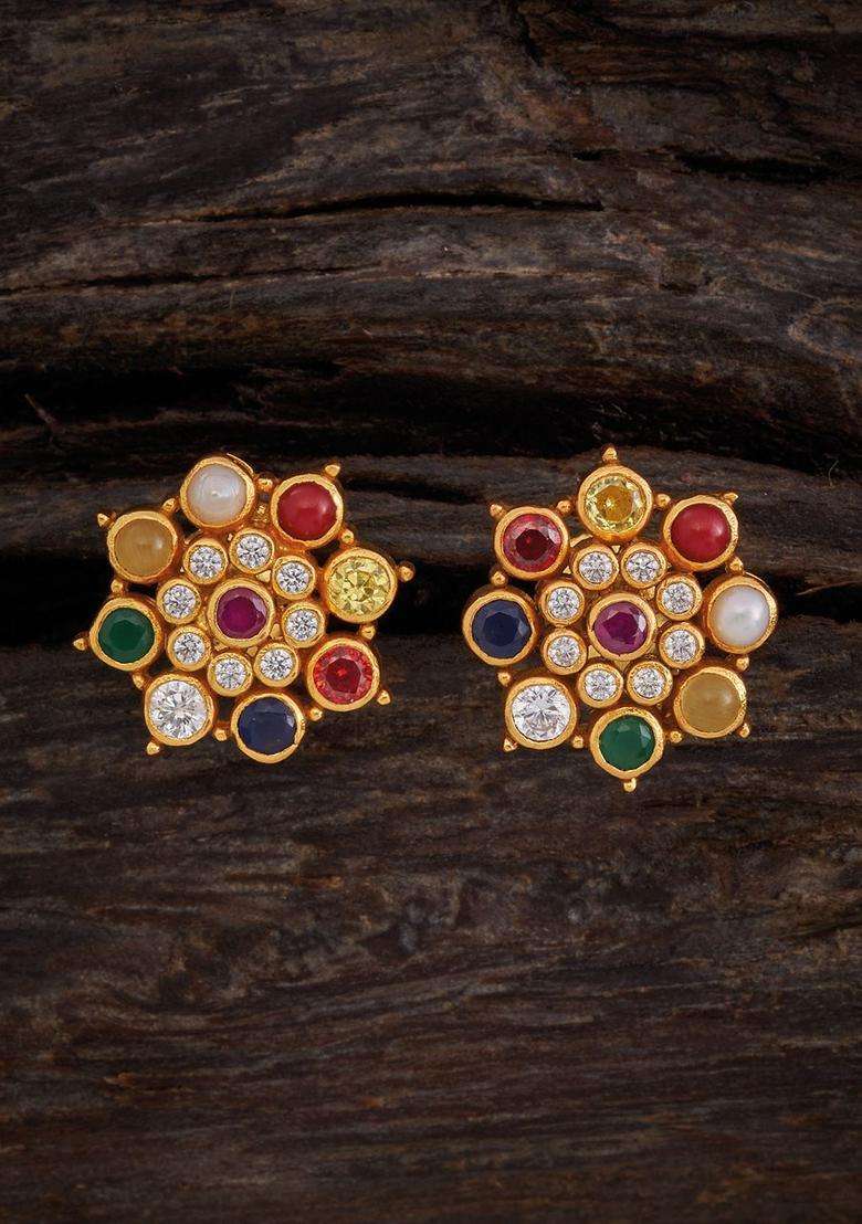 Gold-Plated Embellished Bridal Contemporary Studs Earrings with Zircon for Women | Traditional Temple Jewellery for Wedding & Festive Wear | Gift for Her - Indya