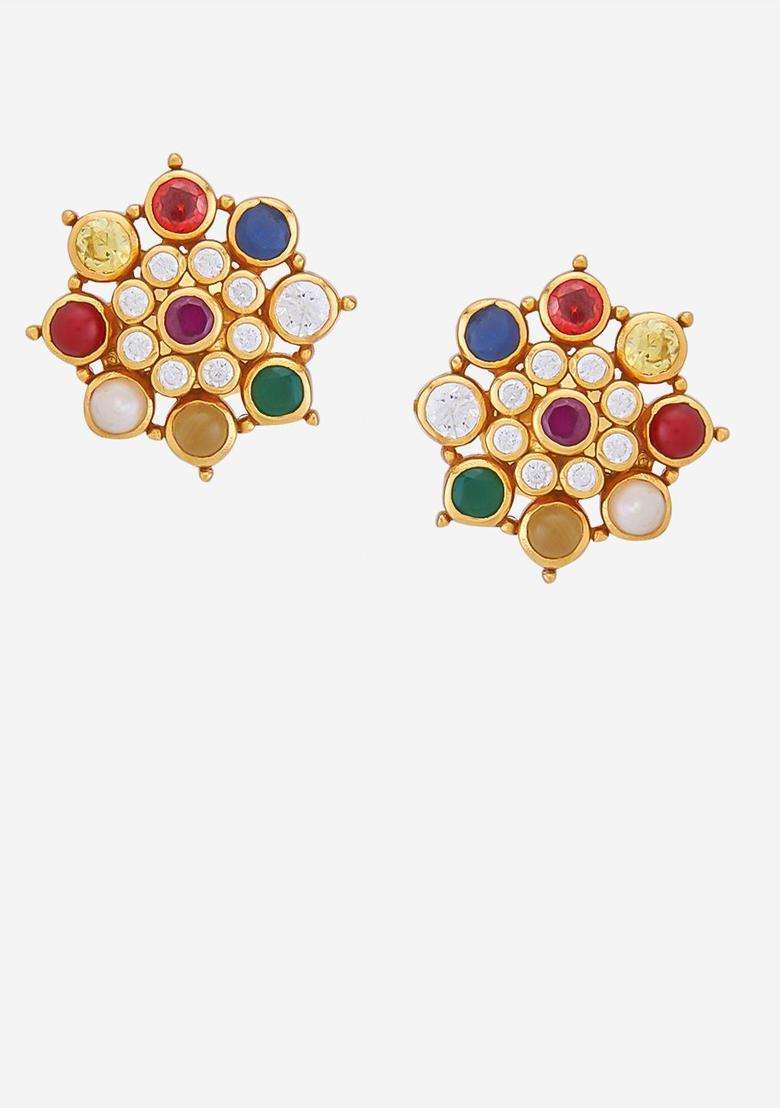 Gold-Plated Embellished Bridal Contemporary Studs Earrings with Zircon for Women | Traditional Temple Jewellery for Wedding & Festive Wear | Gift for Her - Indya
