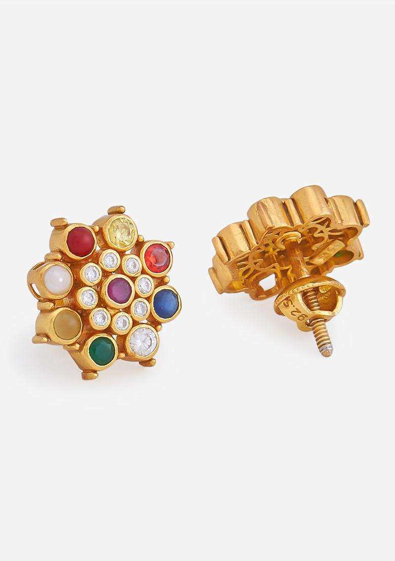 Gold-Plated Embellished Bridal Contemporary Studs Earrings with Zircon for Women | Traditional Temple Jewellery for Wedding & Festive Wear | Gift for Her - Indya