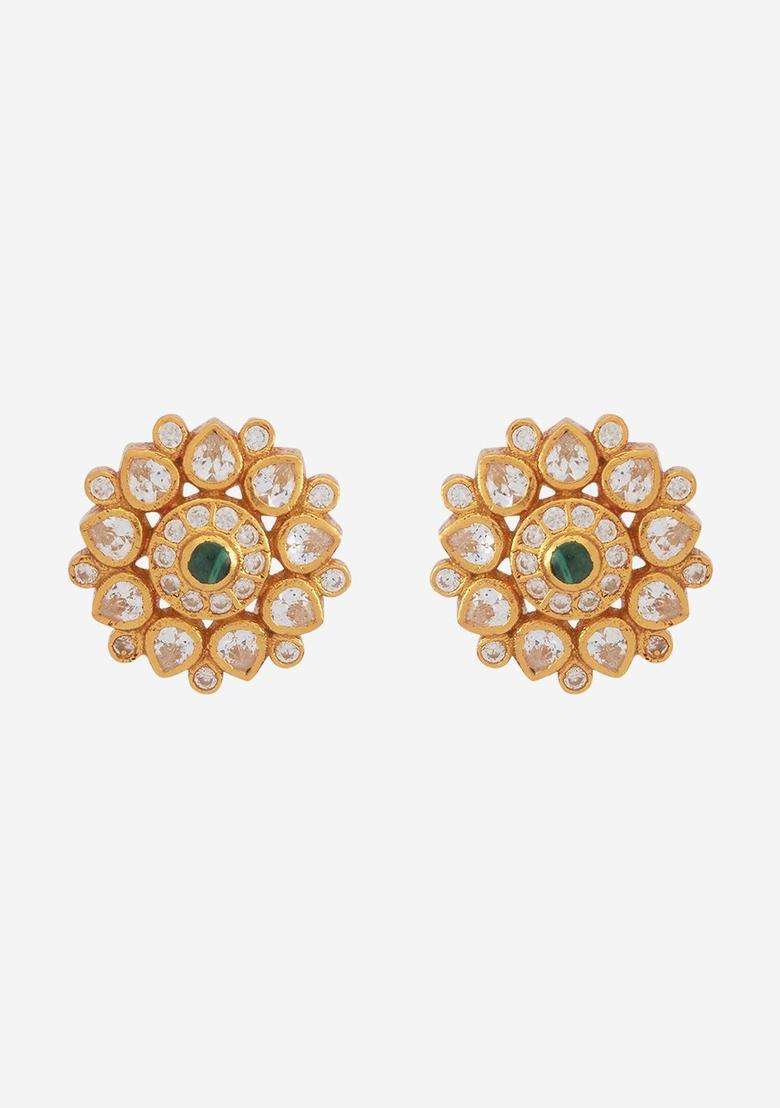 Gold-Plated Embellished Bridal 92.5 Silver Zircon Contemporary Studs for Women | Traditional Temple Jewellery for Wedding & Festive Wear | Gift for Her - Indya