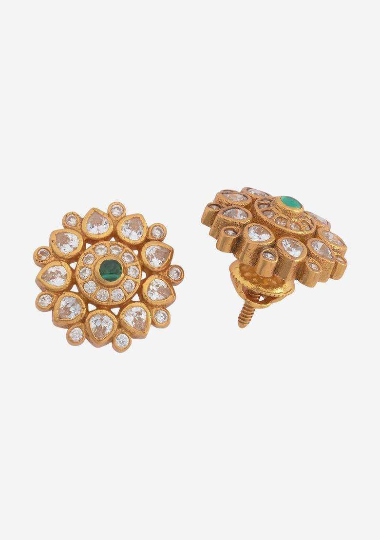 Gold-Plated Embellished Bridal 92.5 Silver Zircon Contemporary Studs for Women | Traditional Temple Jewellery for Wedding & Festive Wear | Gift for Her - Indya