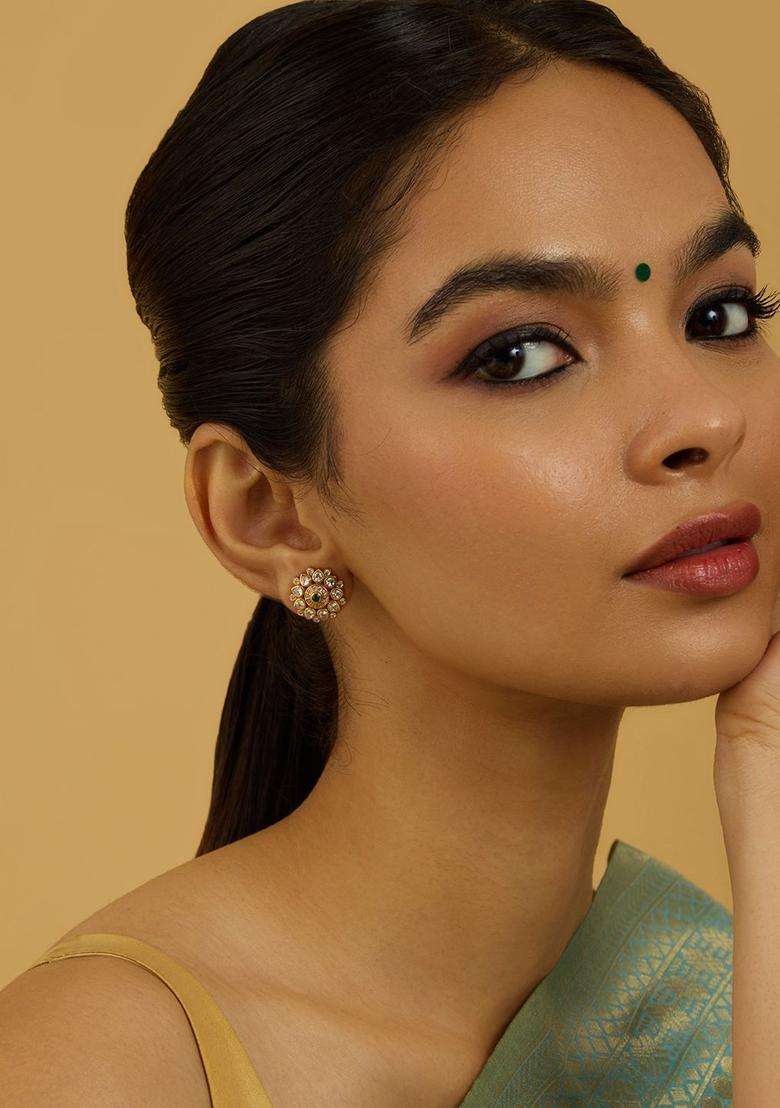 Gold-Plated Embellished Bridal 92.5 Silver Zircon Contemporary Studs for Women | Traditional Temple Jewellery for Wedding & Festive Wear | Gift for Her - Indya