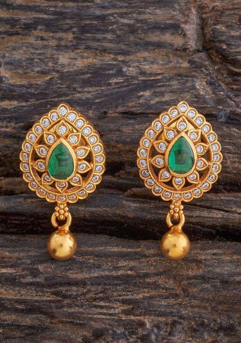 Embellished Bridal 92.5 Pure Silver Gold-Plated Leaf Studs with Zircon for Women | Traditional Temple Jewellery for Wedding & Festive Wear | Gift for Her - Indya