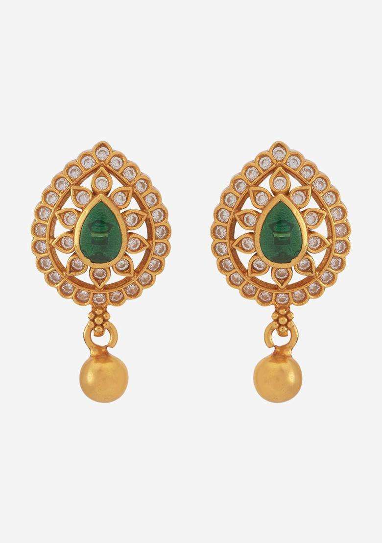 Embellished Bridal 92.5 Pure Silver Gold-Plated Leaf Studs with Zircon for Women | Traditional Temple Jewellery for Wedding & Festive Wear | Gift for Her - Indya