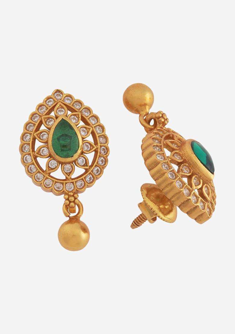 Embellished Bridal 92.5 Pure Silver Gold-Plated Leaf Studs with Zircon for Women | Traditional Temple Jewellery for Wedding & Festive Wear | Gift for Her - Indya