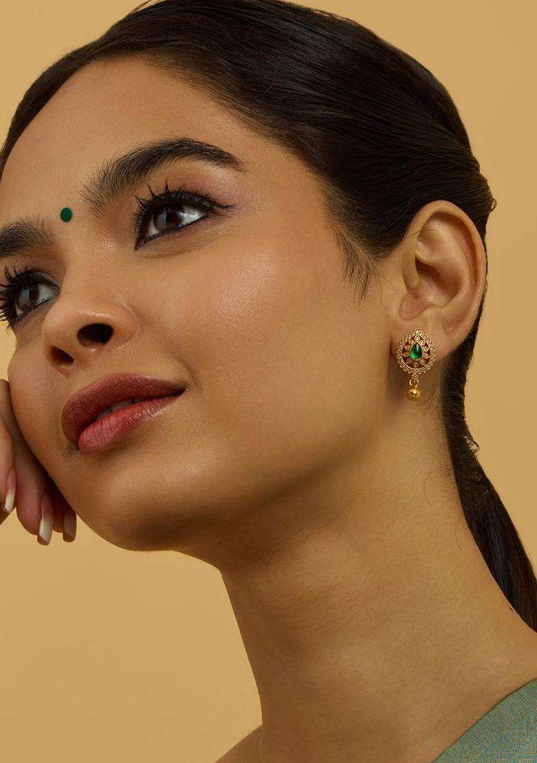 Embellished Bridal 92.5 Pure Silver Gold-Plated Leaf Studs with Zircon for Women | Traditional Temple Jewellery for Wedding & Festive Wear | Gift for Her - Indya