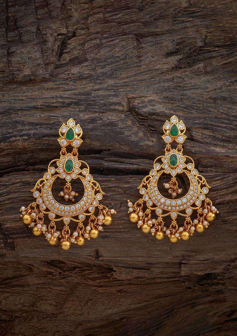 Gold-Plated Embellished Bridal Silver Zircon Crescent Drop Earrings for Women | Traditional Temple Jewellery for Wedding & Festive Wear | Gift for Her - Indya