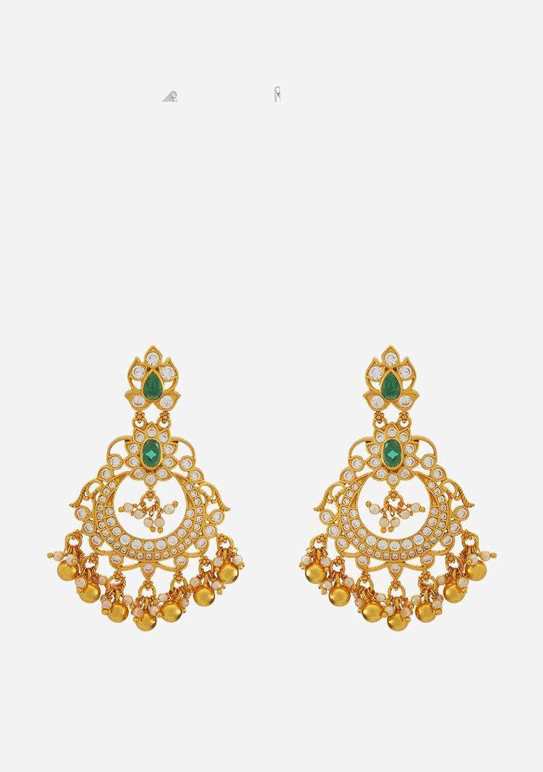 Gold-Plated Embellished Bridal Silver Zircon Crescent Drop Earrings for Women | Traditional Temple Jewellery for Wedding & Festive Wear | Gift for Her - Indya