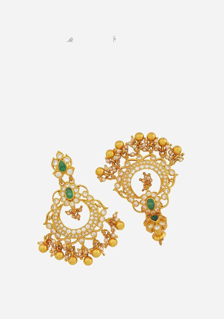 Gold-Plated Embellished Bridal Silver Zircon Crescent Drop Earrings for Women | Traditional Temple Jewellery for Wedding & Festive Wear | Gift for Her - Indya