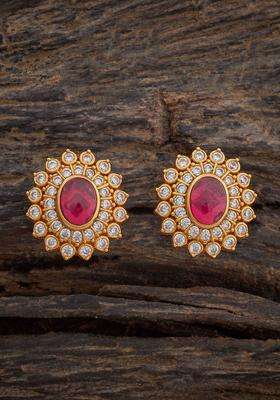 Embellished Bridal Gold-Plated Floral Ruby Temple Zircon Studs for Women | Traditional Temple Jewellery for Wedding & Festive Wear | Gift for Her