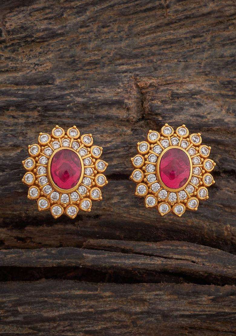 Embellished Bridal Gold-Plated Floral Ruby Temple Zircon Studs for Women | Traditional Temple Jewellery for Wedding & Festive Wear | Gift for Her - Indya