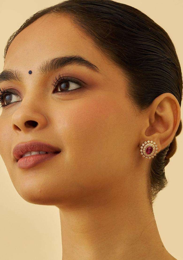 Embellished Bridal Gold-Plated Floral Ruby Temple Zircon Studs for Women | Traditional Temple Jewellery for Wedding & Festive Wear | Gift for Her - Indya