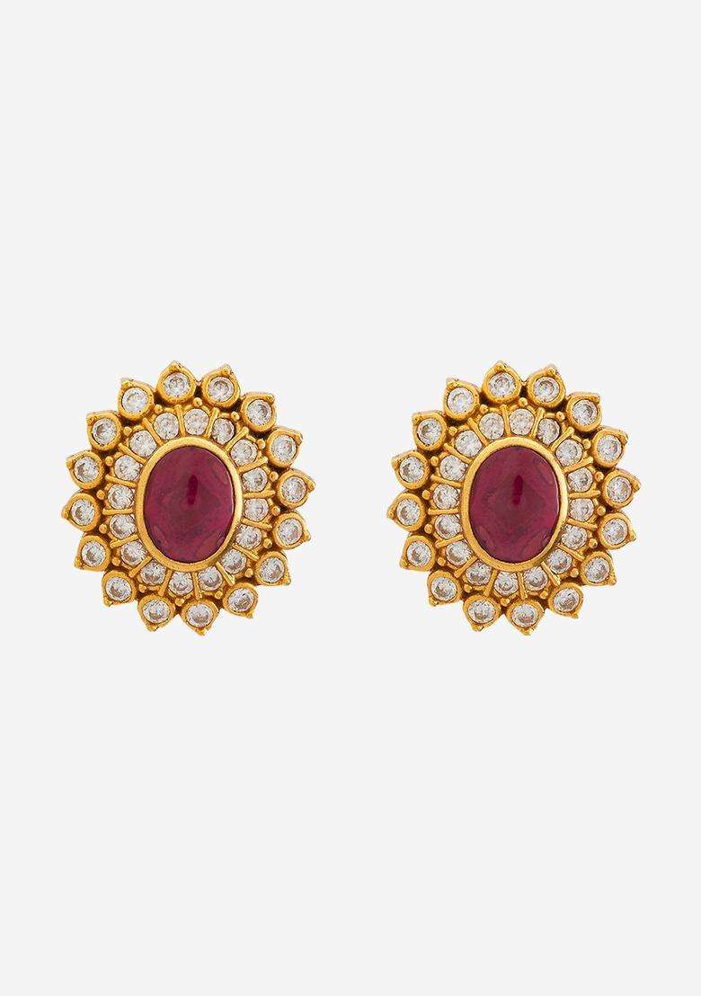 Embellished Bridal Gold-Plated Floral Ruby Temple Zircon Studs for Women | Traditional Temple Jewellery for Wedding & Festive Wear | Gift for Her - Indya