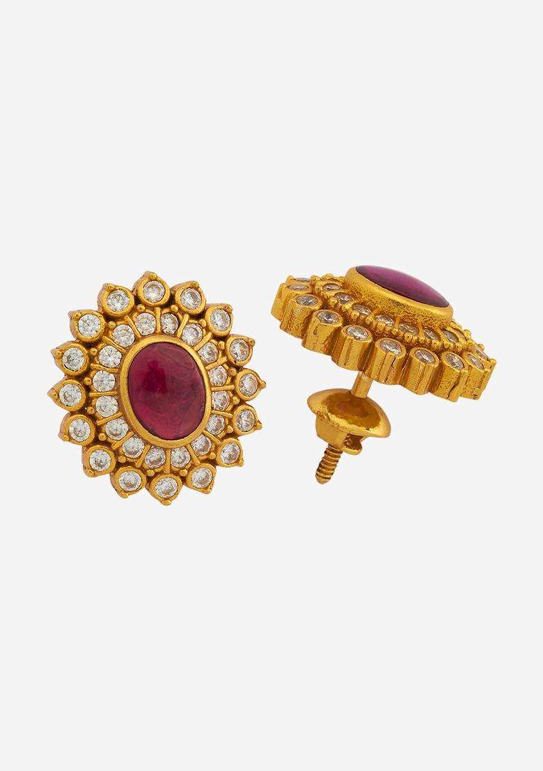 Embellished Bridal Gold-Plated Floral Ruby Temple Zircon Studs for Women | Traditional Temple Jewellery for Wedding & Festive Wear | Gift for Her - Indya