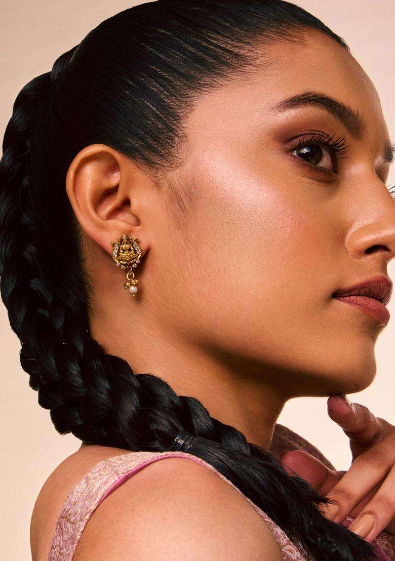 Gold-Plated Embellished Bridal 92.5 Silver Circular Drop Earrings for Women | Traditional Temple Jewellery for Wedding & Festive Wear | Gift for Her - Indya
