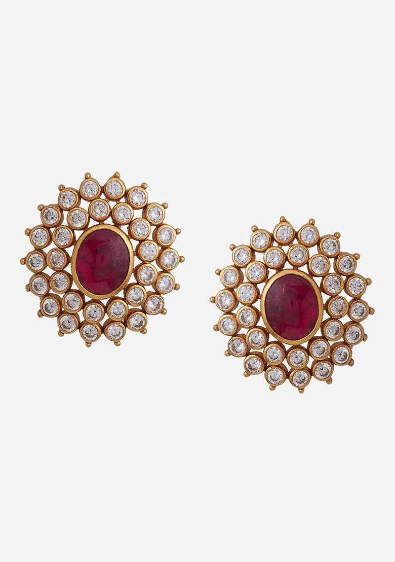 Embellished Bridal Gold-Plated 92.5 Silver Oval Studs Earrings for Women | Traditional Temple Jewellery for Wedding & Festive Wear | Gift for Her - Indya