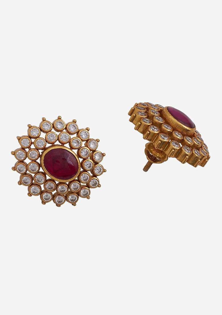 Embellished Bridal Gold-Plated 92.5 Silver Oval Studs Earrings for Women | Traditional Temple Jewellery for Wedding & Festive Wear | Gift for Her - Indya