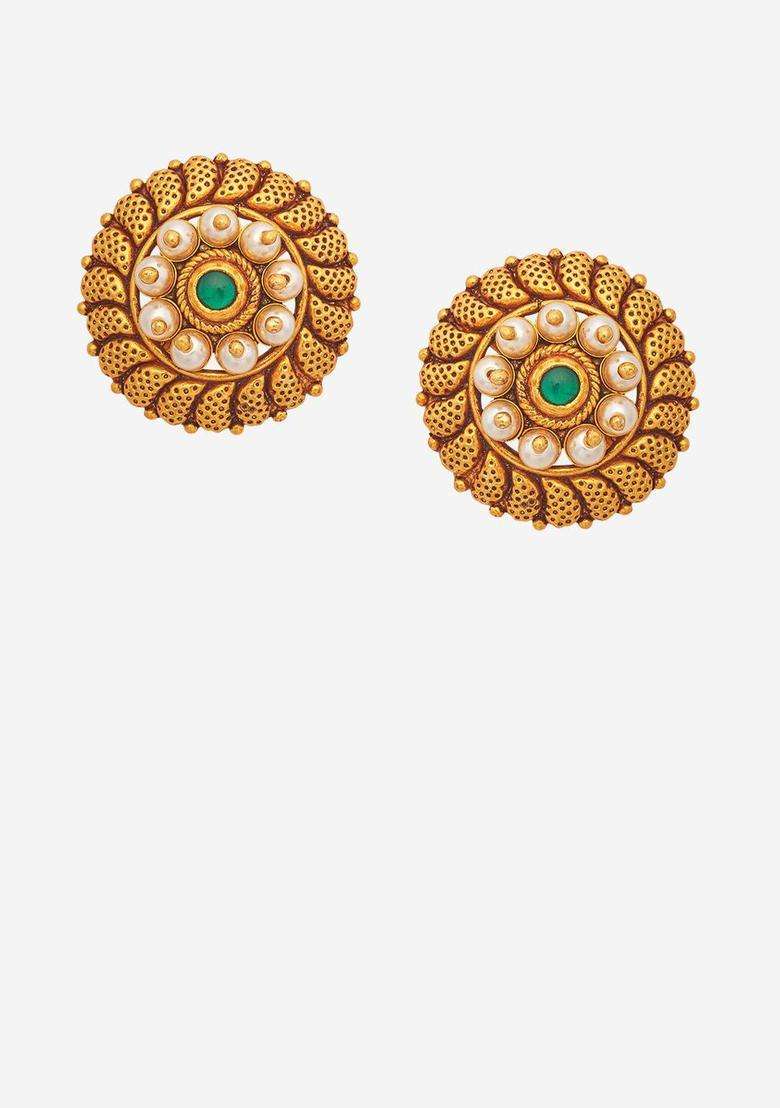 92.5 Sterling Silver Gold-Plated Temple Contemporary Studs for Women | Traditional Temple Jewellery for Wedding & Festive Wear | Gift for Her - Indya