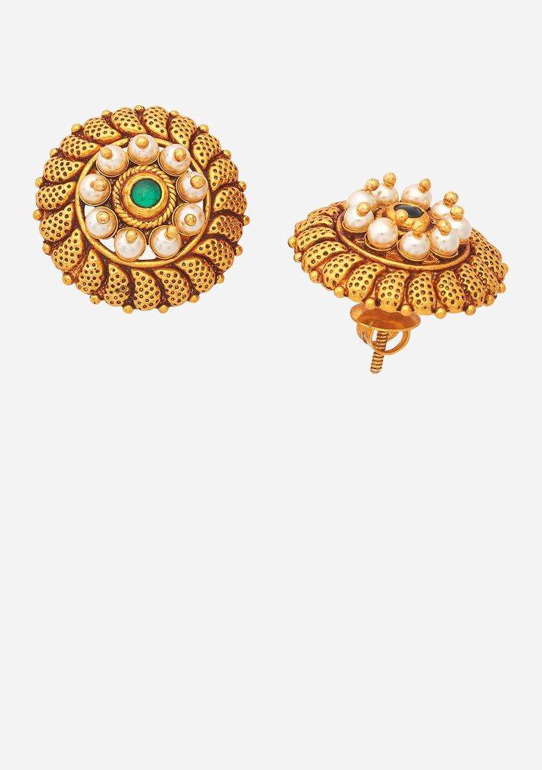 92.5 Sterling Silver Gold-Plated Temple Contemporary Studs for Women | Traditional Temple Jewellery for Wedding & Festive Wear | Gift for Her - Indya