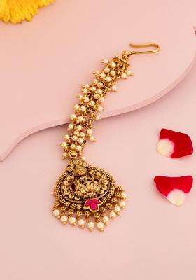 Gold-Plated Artificial Stones and Beads Studded Maang Tikka Head Jewellery for Women | Traditional Temple Jewellery for Wedding & Festive Wear | Gift for Her