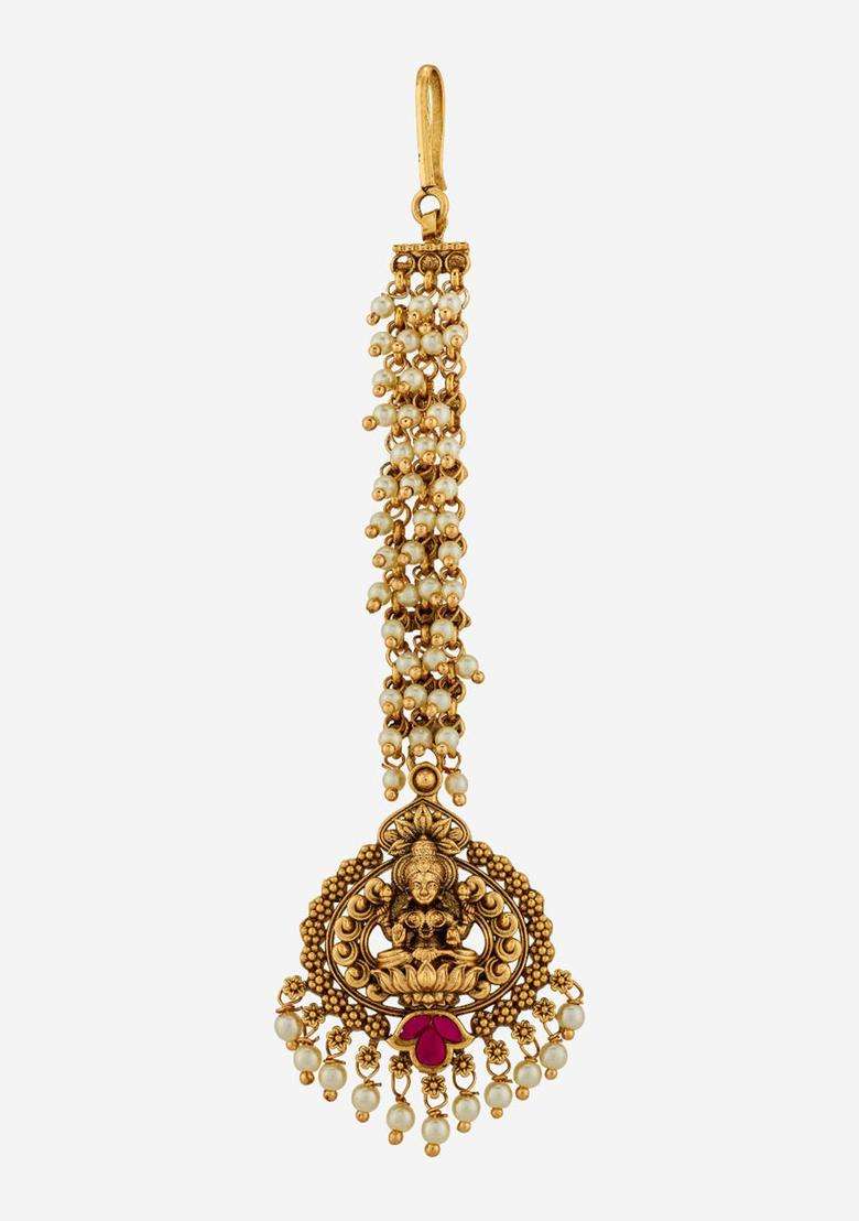 Gold-Plated Artificial Stones and Beads Studded Maang Tikka Head Jewellery for Women | Traditional Temple Jewellery for Wedding & Festive Wear | Gift for Her - Indya
