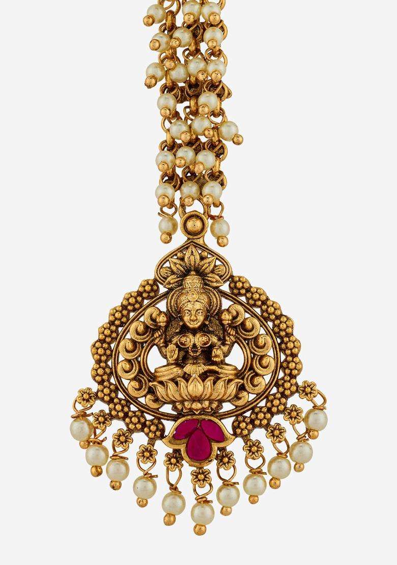 Gold-Plated Artificial Stones and Beads Studded Maang Tikka Head Jewellery for Women | Traditional Temple Jewellery for Wedding & Festive Wear | Gift for Her - Indya