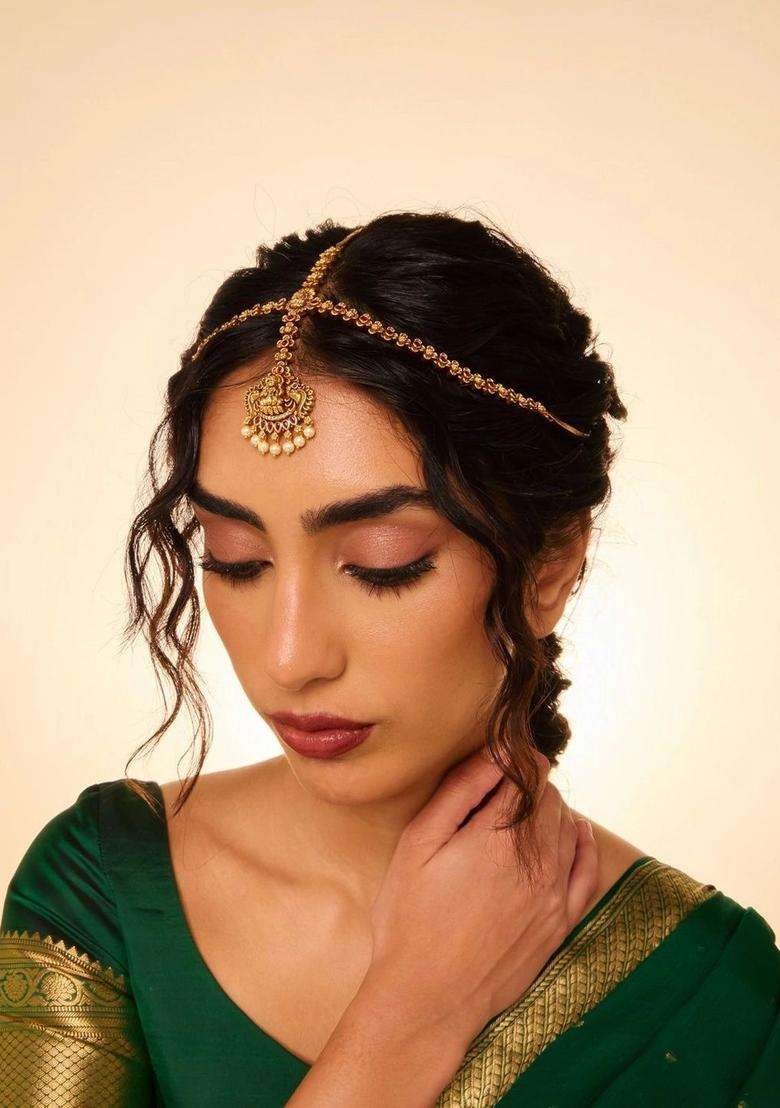 Gold-Plated Artificial Stones and Beads Studded Matha Patti Head Jewellery for Women | Traditional Temple Jewellery for Wedding & Festive Wear | Gift for Her - Indya