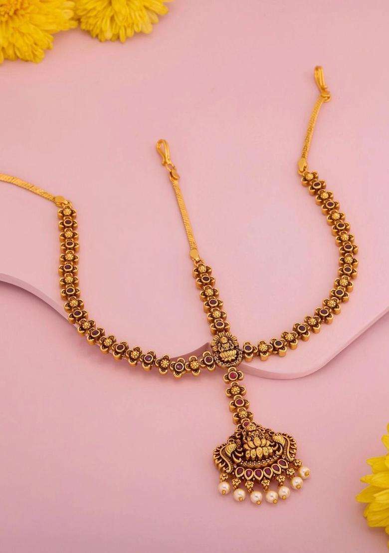 Gold-Plated Artificial Stones and Beads Studded Matha Patti Head Jewellery for Women | Traditional Temple Jewellery for Wedding & Festive Wear | Gift for Her - Indya
