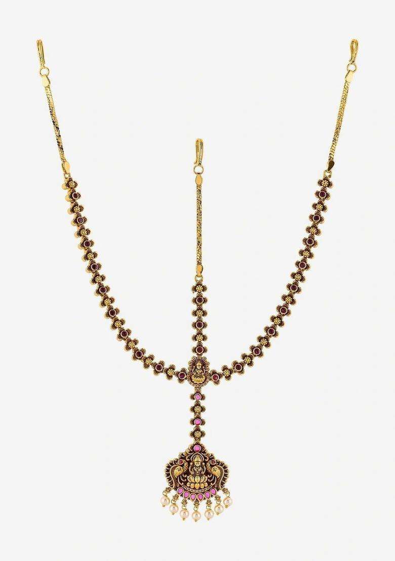 Gold-Plated Artificial Stones and Beads Studded Matha Patti Head Jewellery for Women | Traditional Temple Jewellery for Wedding & Festive Wear | Gift for Her - Indya
