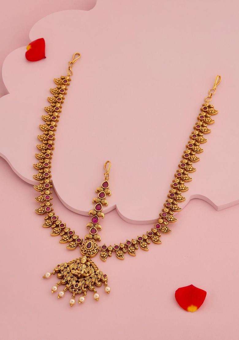 Gold-Plated Matha Patti Ruby Ethnic Tikka Head for Women | Traditional Temple Jewellery for Wedding & Festive Wear | Gift for Her - Indya