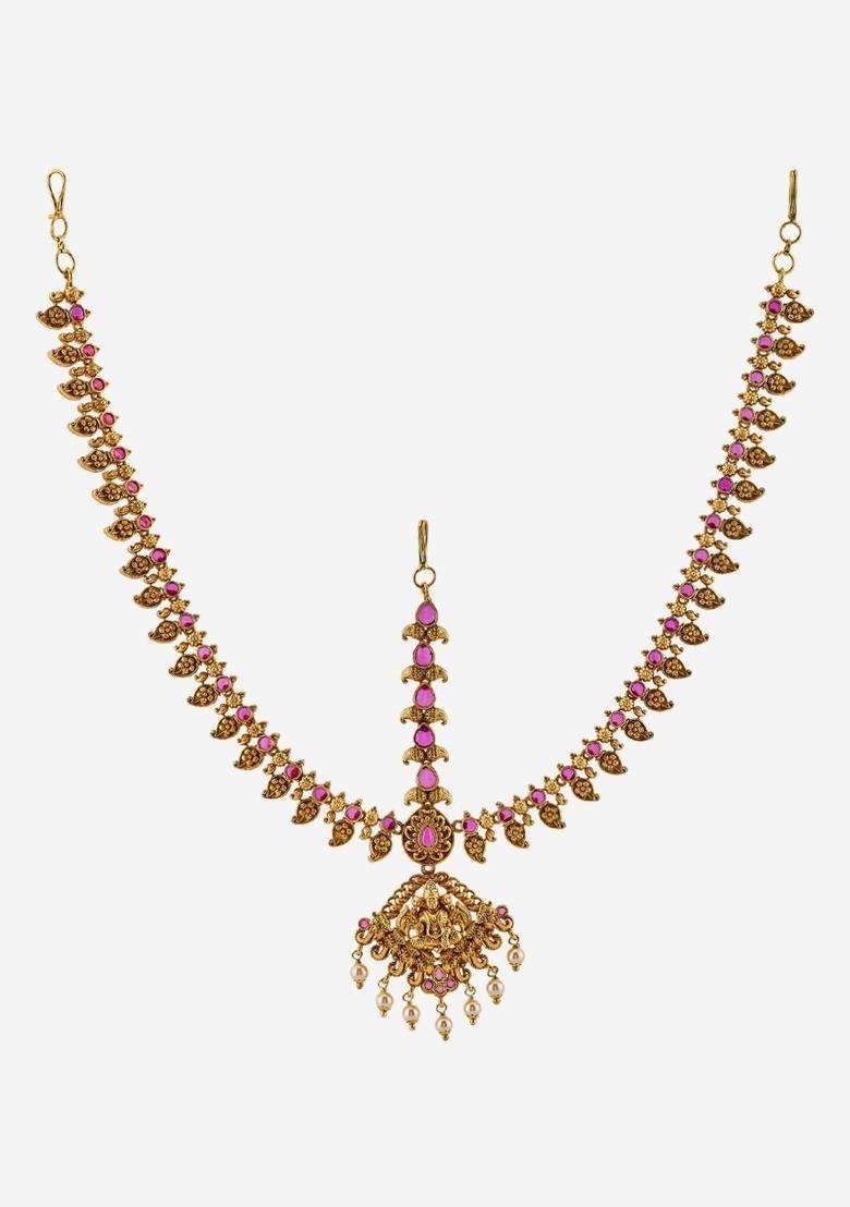 Gold-Plated Matha Patti Ruby Ethnic Tikka Head for Women | Traditional Temple Jewellery for Wedding & Festive Wear | Gift for Her - Indya