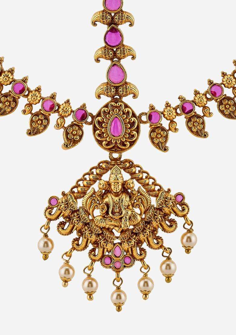 Gold-Plated Matha Patti Ruby Ethnic Tikka Head for Women | Traditional Temple Jewellery for Wedding & Festive Wear | Gift for Her - Indya