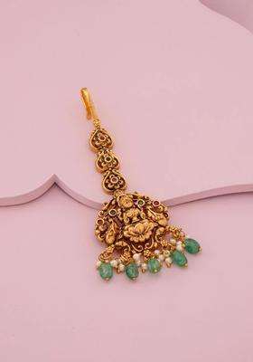 Gold-Plated Artificial Stones and Beads Studded Maang Tikka Head Jewellery for Women | Traditional Temple Jewellery for Wedding & Festive Wear | Gift for Her