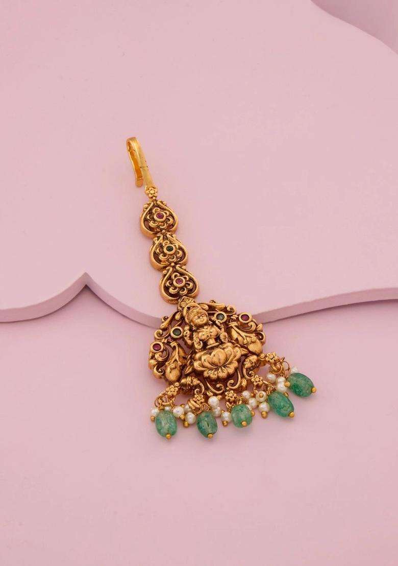 Gold-Plated Artificial Stones and Beads Studded Maang Tikka Head Jewellery for Women | Traditional Temple Jewellery for Wedding & Festive Wear | Gift for Her - Indya