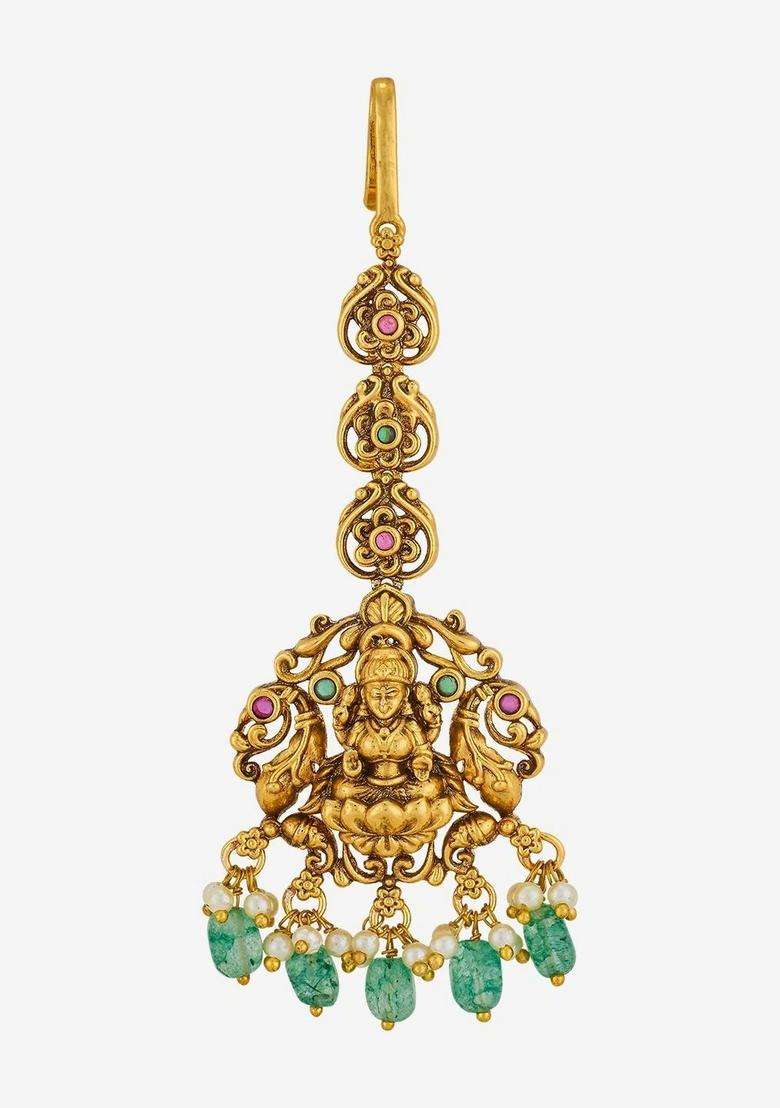 Gold-Plated Artificial Stones and Beads Studded Maang Tikka Head Jewellery for Women | Traditional Temple Jewellery for Wedding & Festive Wear | Gift for Her - Indya