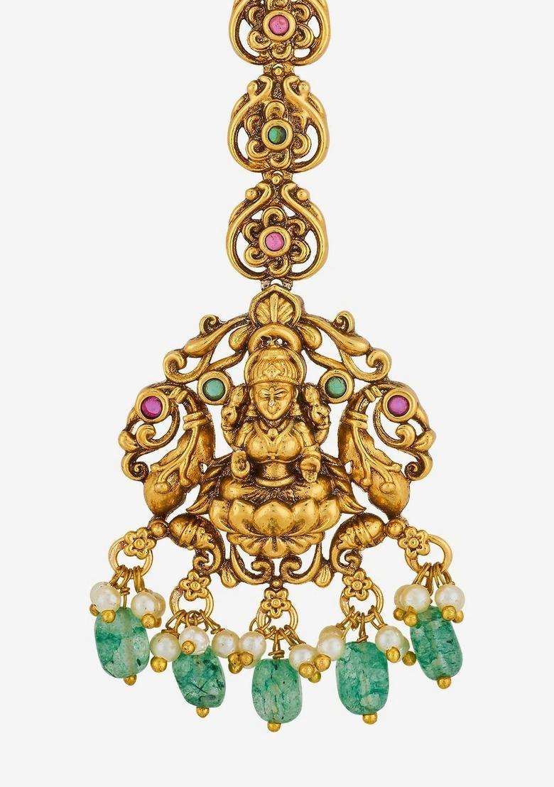Gold-Plated Artificial Stones and Beads Studded Maang Tikka Head Jewellery for Women | Traditional Temple Jewellery for Wedding & Festive Wear | Gift for Her - Indya