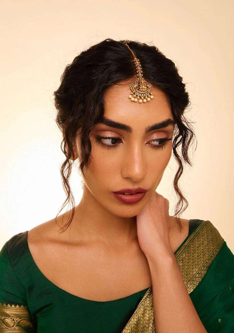 Gold-Plated Beads Studded Maang Tikka Head Jewellery for Women | Traditional Temple Jewellery for Wedding & Festive Wear | Gift for Her - Indya