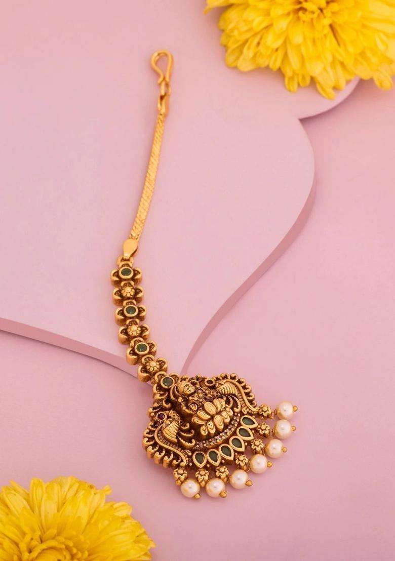 Gold-Plated Beads Studded Maang Tikka Head Jewellery for Women | Traditional Temple Jewellery for Wedding & Festive Wear | Gift for Her - Indya
