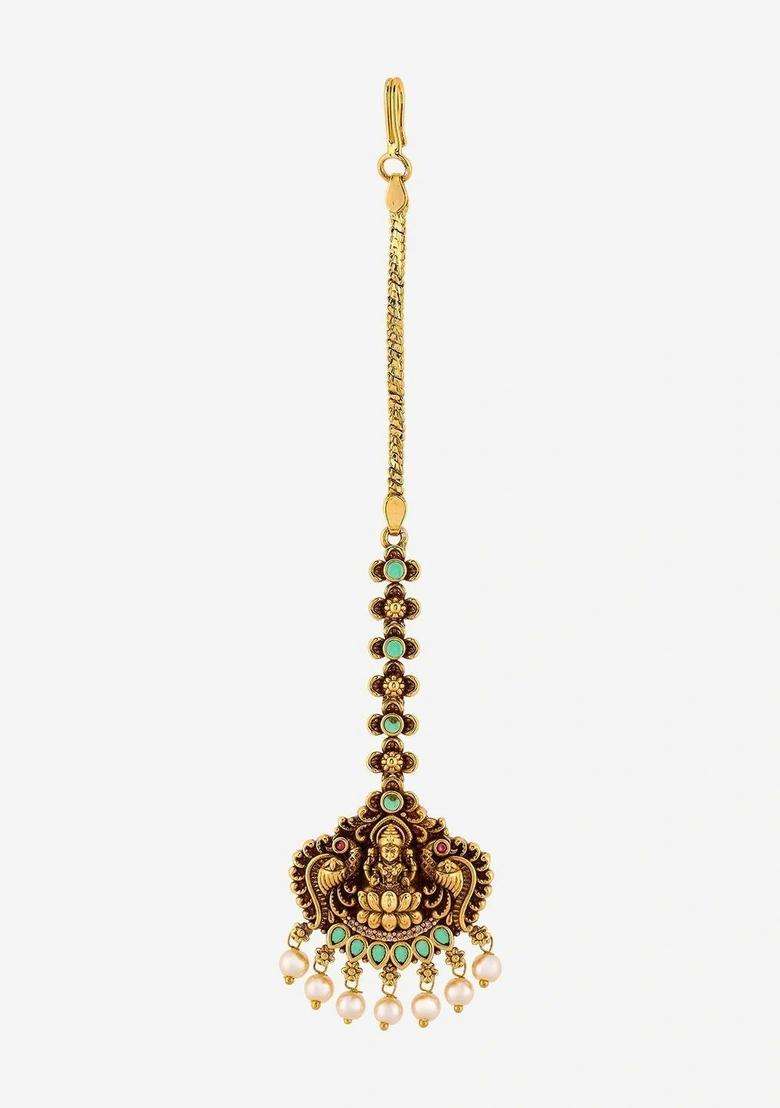 Gold-Plated Beads Studded Maang Tikka Head Jewellery for Women | Traditional Temple Jewellery for Wedding & Festive Wear | Gift for Her - Indya