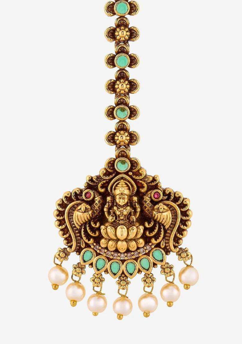 Gold-Plated Beads Studded Maang Tikka Head Jewellery for Women | Traditional Temple Jewellery for Wedding & Festive Wear | Gift for Her - Indya