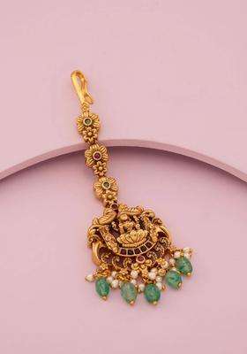 Gold-Plated Artificial Stones and Beads Studded Maang Tikka Head Jewellery for Women | Traditional Temple Jewellery for Wedding & Festive Wear | Gift for Her