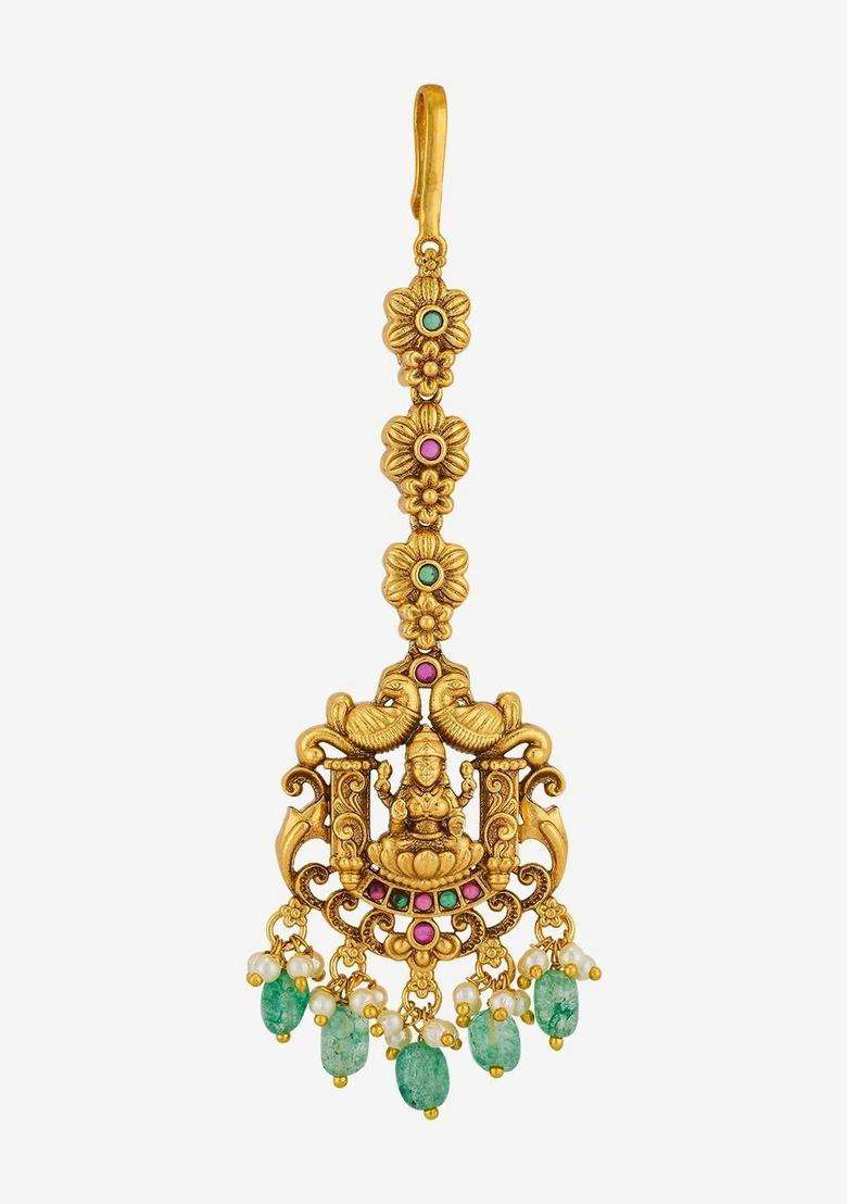 Gold-Plated Artificial Stones and Beads Studded Maang Tikka Head Jewellery for Women | Traditional Temple Jewellery for Wedding & Festive Wear | Gift for Her - Indya